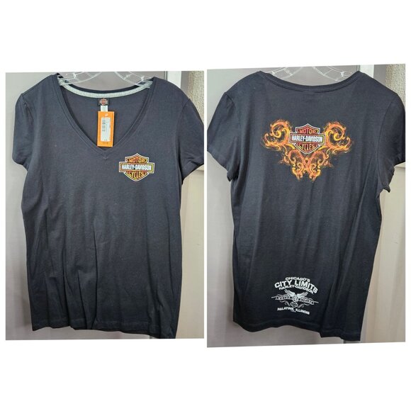 Harley-Davidson V-Neck Shirt Women L Black 100% Cotton Short Sleeve Fire IL NEW - Picture 1 of 11
